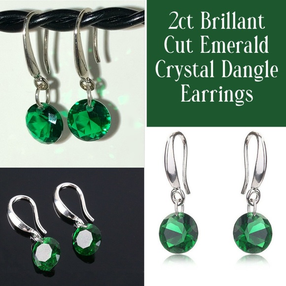 3-$15 2ct Brillant Cut Emerald Crystal Dangle Earrings - Picture 1 of 3